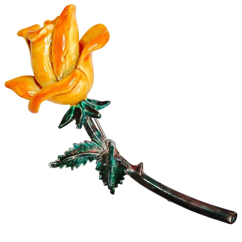 Vintage 1970s Yellow Enamel Rose Brooch Gold Tone Floral Pin Fun Flower Power
